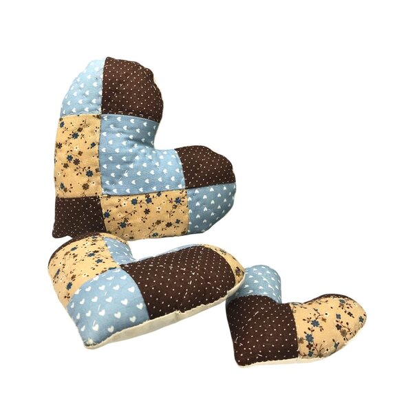 Vintage Puffy Patchwork Quilted Hearts Decor, Blue and Brown Handmade Crafted - Picture 2 of 4